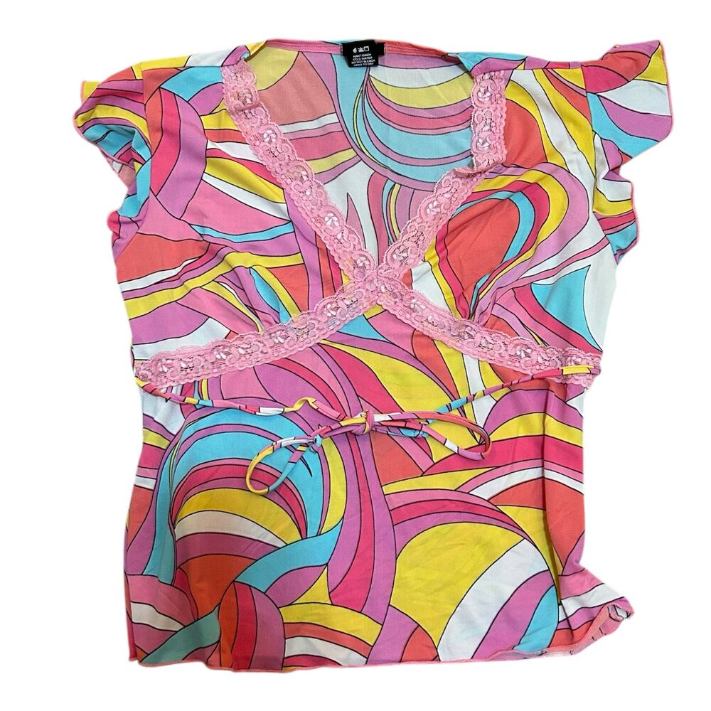 Vtg Y2K Rue 21 Babydoll Top Womens XL Pink Blue Lace Dopamine Kidcore Maximalist